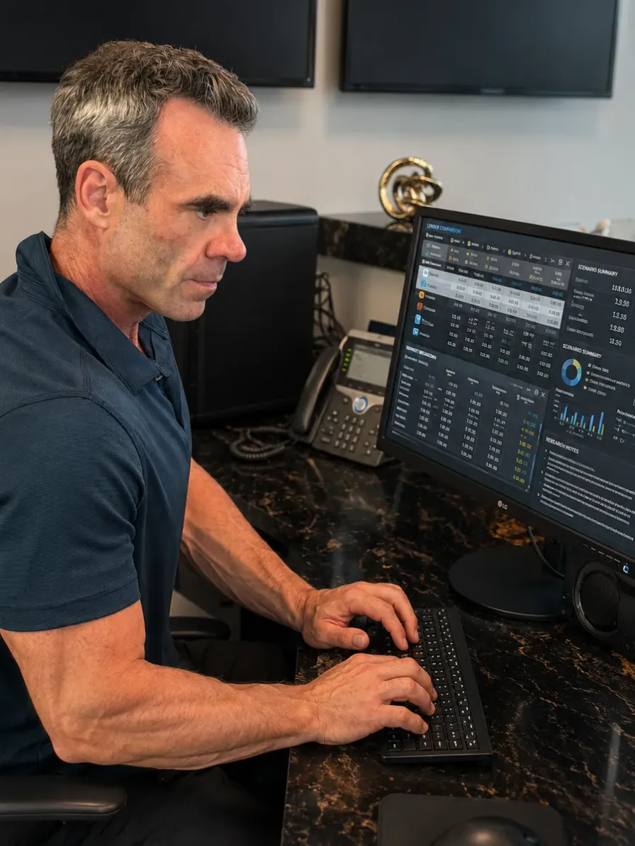 Alan reviewing refinance rates and lender options on screen