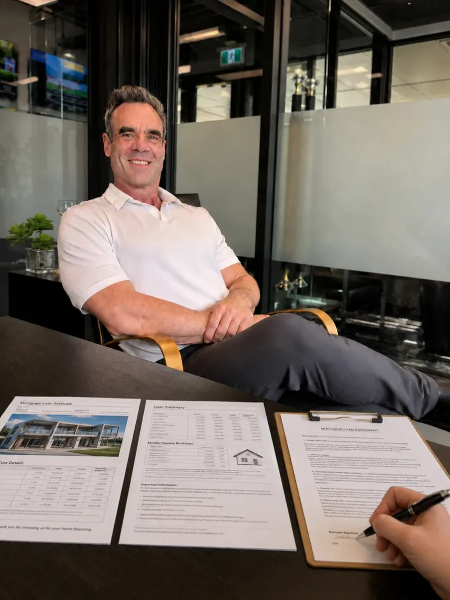 Point-of-view of happy client signing a mortgage agreement with Alan